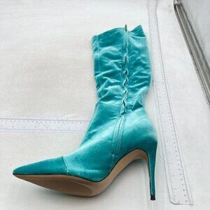 Women's Metallic Boots Pointed Toe High Stiletto Heel Knee High Boot Blue Velvet
